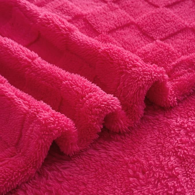 Hot Pink Fleece Throw Blanket 50”×60”Checkered Design for Couch | Super Soft Cozy Plush Microfiber 3D Square Pattern Flannel Blanket for Sofa Bed Lightweight for Adults,Women