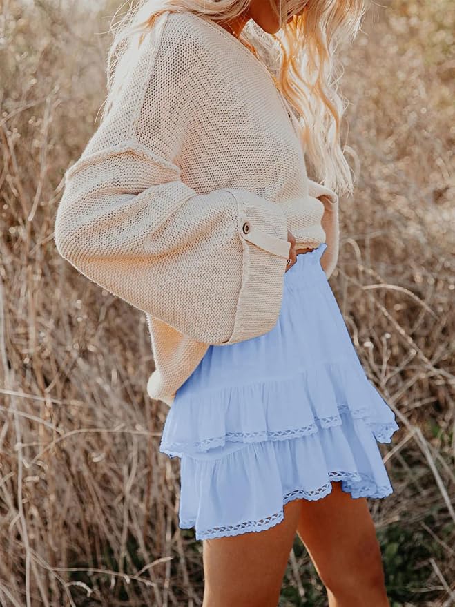 Flowy Shorts for Women Casual Boho Ruffle Tiered Skorts High Waist Mini Skirts Golf Tennis Crochet Shorts