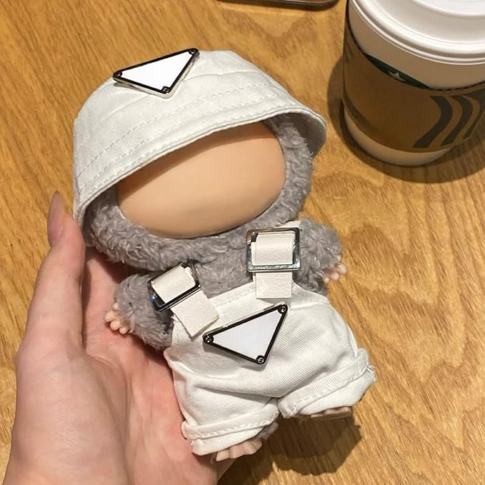 Clothes for 17cm Dolls(NO Doll)，Premium Handmade Clothes，Adjustable Kawaii Outfits for Clothes Set，Dolls Keychain Accessories，Bucket Hat+Overalls (White)