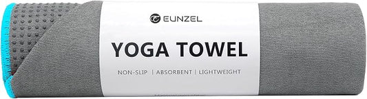 Eunzel Hot Yoga Towel - Microfiber Non Slip Yoga Mat Towel with Grip Dot Sweat Absorbent Towel for Hot Yoga, Pilates and Fitness 72" x 24", Grey/Blue