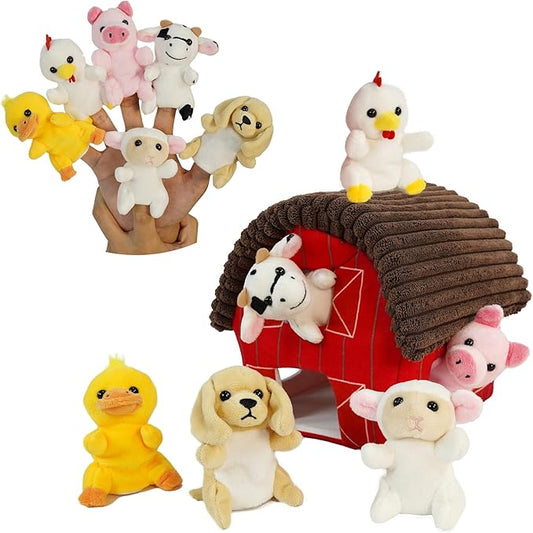6 Pcs Farm Animals Finger Puppet with Farmhouse, Realistic Soft Plush Puppets for Kids, Novelty Animals Toys Role-Playing Story Finger Puppets Gifts for Boys and Girls
