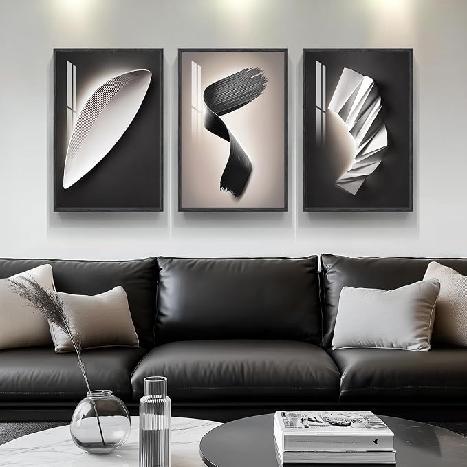 3 Piece Framed Modern Wall Art Sets, Abstract Black and White Line Geometric Decor Prints Paintings, Contemporary Luxury Artwork for Bedroom, Bathroom, Living Room and Office 16x24 Inch