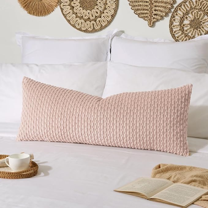 Kevin Textile Soft Corduroy 14"x36" Lumbar Pillow Cover 1 Pack, Light Pink | Boho Stripe Plush Corduroy Decorative Oblong Cushion Cover Modern Farmhouse Home Decor for Sofa Couch Bed Chair