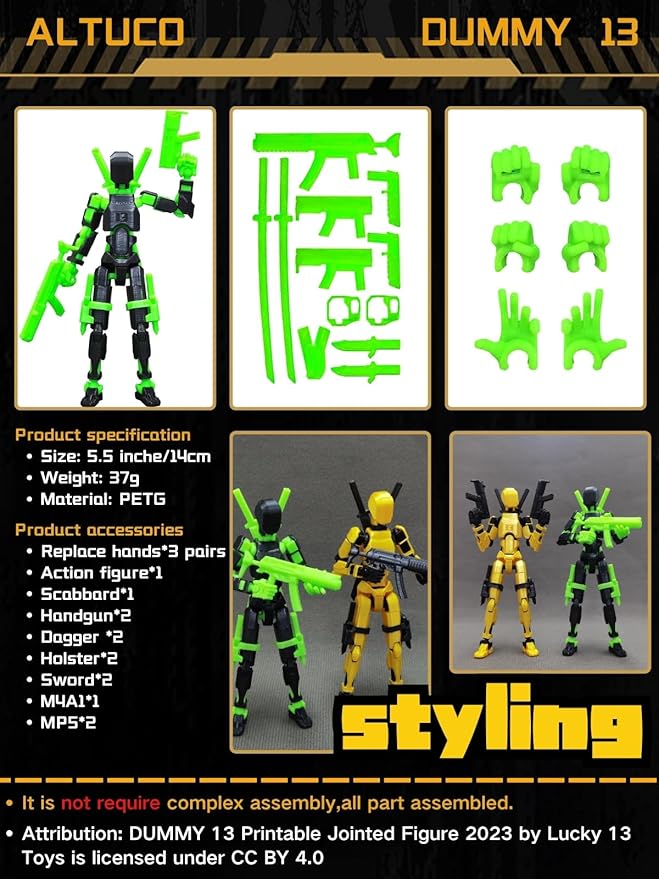 T13 Action Figure with Lots of Accessories,3D Printed Multi-Jointed Titan13 Figure,Black Dummy 13 Desktop Decorative Toy