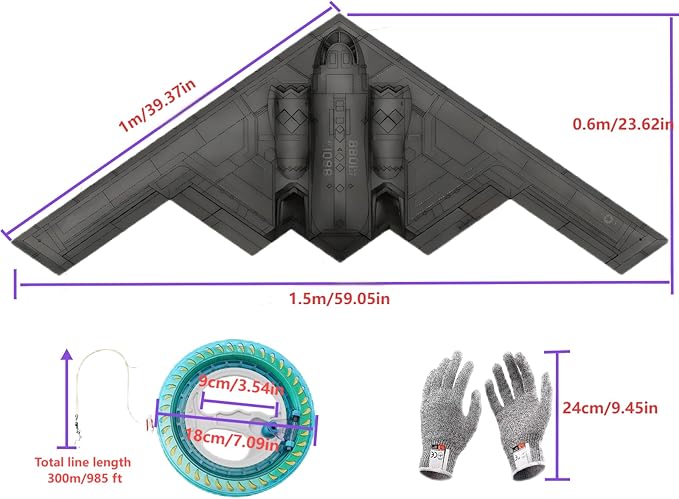 Big Kite, B2 Bomber Model Kites,1:26Perfect Remake, A Kite of Choice for Adults and Military hobbyists、Equipped with 300 metres /984 Foot String Plate and a Pair of Cut-Resistant Gloves