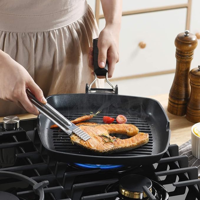 S·KITCHN Grill Pan with Folding Handle, Nonstick Grilling Pan for Stove Tops, Induction Compatible Square KBBQ Pan with Pour Spouts - 9IN