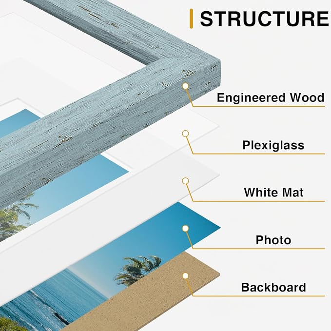 Vittanly 4x6 Picture Frames Set of 9, Wall & Tabletop, Rustic Blue | Display Pictures 3.5x5 with Mat or 4x6 without Mat, Small Photo Frames, Engineered Wood with Shatter Resistant Plexiglass