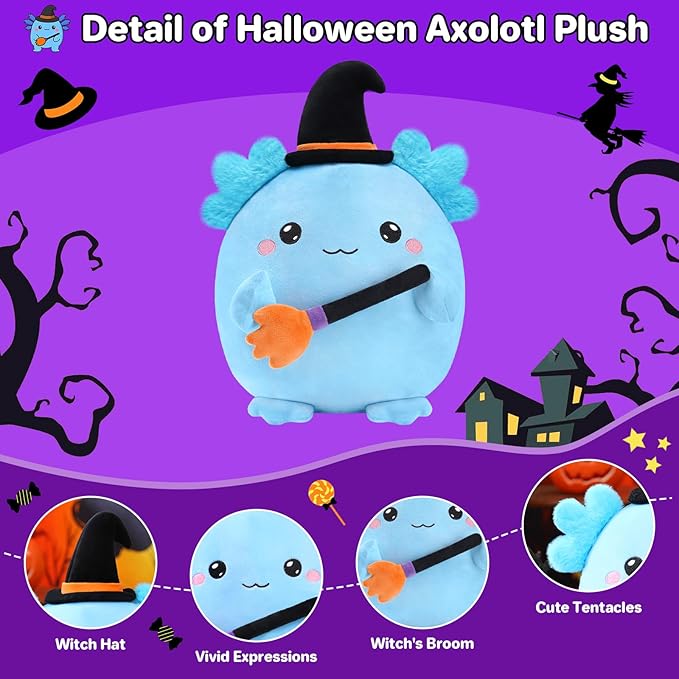 Halloween Axolotl Stuffed Animals, Axolotl Witch with Broom Stuffed Plush Halloween Party Gifts for Kids, Girls and Boys（Blue）