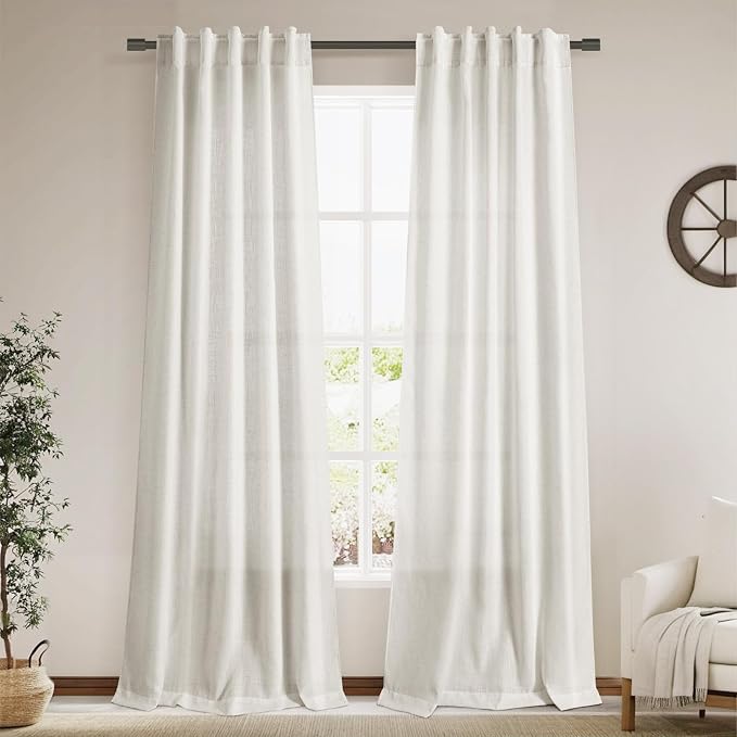 Cream Semi Sheer Linen Curtains 102 Inch Long Curtains Back Tab Rod Pocket 2 Panels Set Natural Elegant Living Room Decor Sunlight Filtering Solid Color Drapes for High Window 40x102