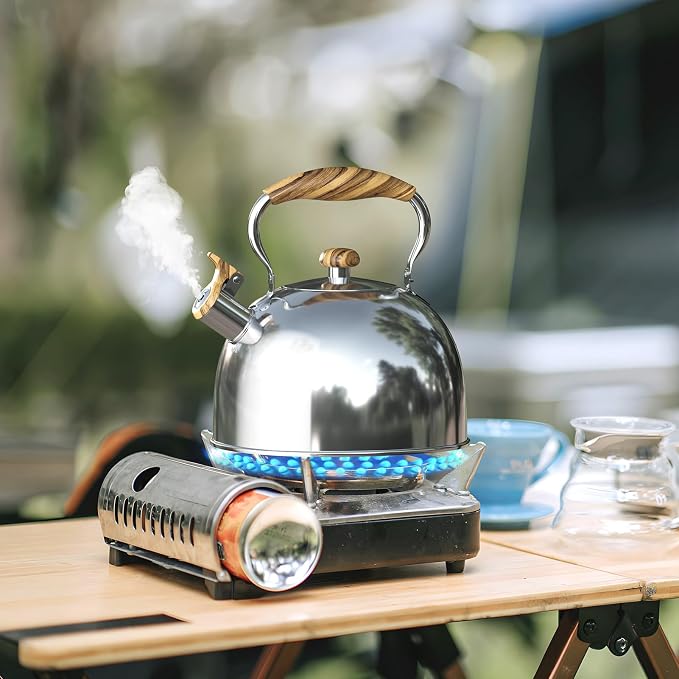 2.6 Quart Whistling Tea Kettle for Stovetop, Silver | Food Grade Stainless Steel with Cool Wood Pattern Handle, Induction Compatible