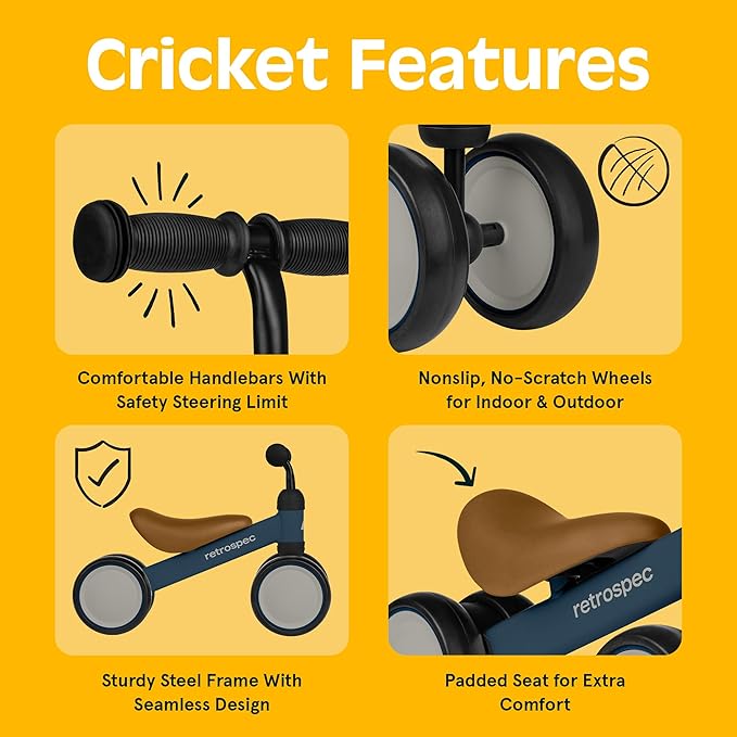 Retrospec Cricket Baby Walker Balance Bike with 4 Wheels for Ages 12-24 Months - Baby Toys & Toddler Toys for 1 Year Olds - Ride On Bicycle - Boys & Girls