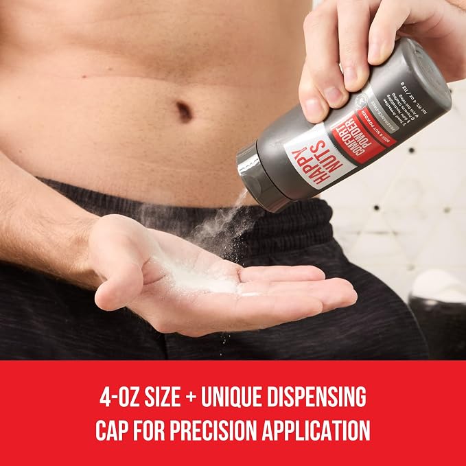 HAPPY NUTS Comfort Powder Deodorant For Men: Anti-Chafing, Sweat and Odor Control, Aluminum-Free, Ultimate Travel Essential for Men's Private Parts 4 oz (1 Pack), Fragrance-Free