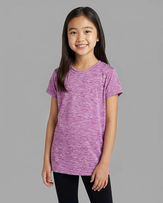 Real Essentials 5 Pack: Girls' Short Sleeve Dry-Fit Athletic T-Shirt - Active Gym Crew Neck Tops for Teens Kids (Ages 4-16)