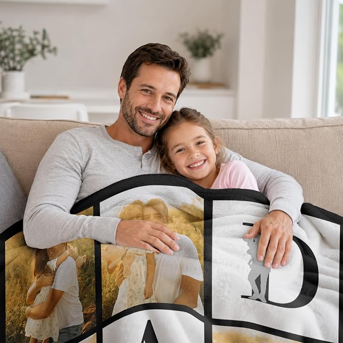 Fathers Day Birthday Gift for Dad Custom Blanket with 6 Photo & Text, Personalized Blankets with Picture to My Dad, HD Printing Customized Flannel Throw Blanket Gifts for Best Daddy Grandpa Ever