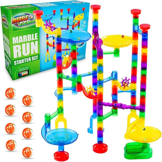 Marble Genius Marble Run - 130 Complete Pieces Maze Track Toys for Adults, Teens, Toddlers & Kids Aged 4-8 Years Old, (80 Translucent Marbulous Pieces + 50 Glass-Marble Set), Starter Set