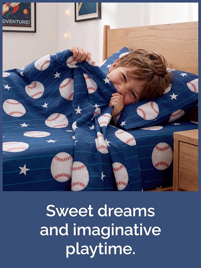 CGK Unlimited Kids Baseball Queen 4 Piece Sheet Set - Boys, Girls, Teens, Toddler - Easy Fit Deep Pockets - Ultra Soft, Cooling & Breathable Sheets - Cute, Cozy, Fade & Wrinkle Free - Machine Washable