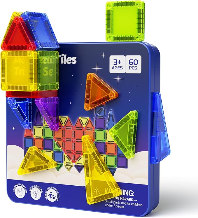 Mini Magnetic Tiles Travel Kit for Kids Ages 3-8, 60pcs Portable Magnetic Building Blocks with Visual Storage Guide & Metal Play Base, STEM Sensory Toys for Preschool Learning