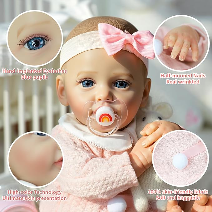 SCOM Reborn Baby Doll Pink Bettie, 18-Inch Lifelike Newborn Girl w/Birth Certificate, Magnetic Pacifier & Bottle, Soft-Touch Vinyl, Pink Outfit – Gift & Collector Doll, Ages 3+