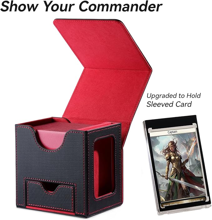 Mage Tech Card Deck Box for MTG Commander - Patented Design, Commander Display, Fits 100 Double-Sleeved Cards, 35pt Card Brick & Dice Tray - Black/Red