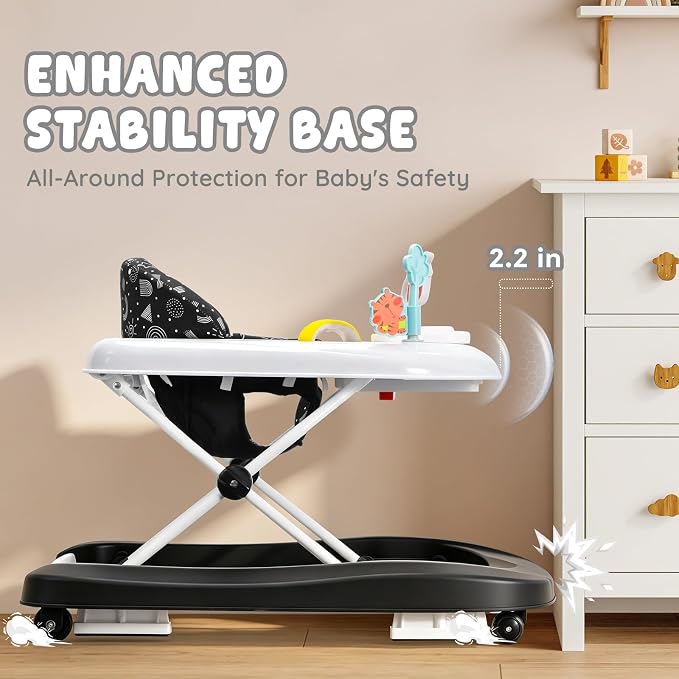 Baby Walker with Wheels, 5-in-1 Foldable Push Walker for Baby Boys 6-12 Months, Baby Walker & Bouncer Combo, Adjustable Height, Music Light Infant Activity Center Bouncer Walker(Black)