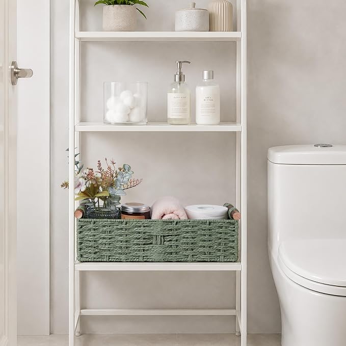 Round Paper Rope Storage Basket Wicker Baskets for Organizing with Handle Decorative Storage Bins for Countertop Toilet Paper Basket for Toilet Tank Top Small Baskets , Green | with Handle for Bedroom Home Decor and Shelves Apartment Countertop Use,Green
