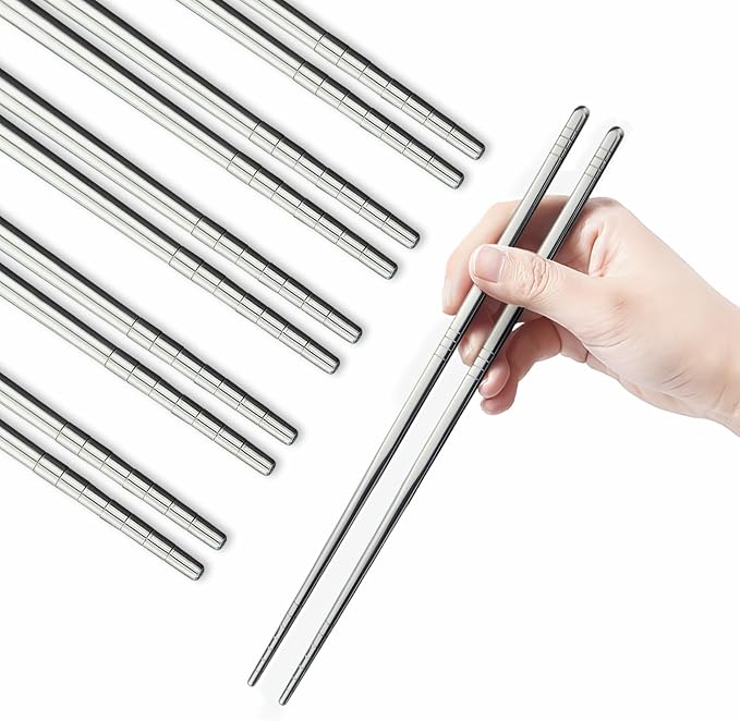 IQCWOOD 304 Stainless Steel Chopsticks, 5 Pairs, Silver | Chopsticks Lightweight, Non-Slip Tips, Reusable, Metal Korean Japanese Style Chopstick for Daily Meals, Dishwasher Safe 9.25"