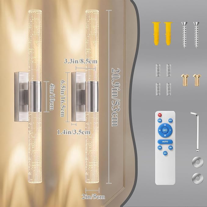 camuucci Battery Operated Wall Sconces Set of 2, Rechargeable Wall Lights | 12000mAh Long-Lasting Battery,Dimmable Cordless Sconce,No Wiring Needed for Bedroom,Living Room,Silver 20.9-Inch