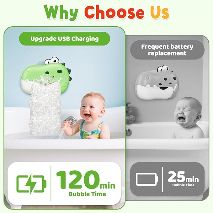 Baby Bath Toys, Rechargeable Dinosaur Bath Bubble Machine with Music, Bathtime Bathtub Toys for Toddlers Birthday Valentines Gifts, Bubble Maker Toys for Kids Ages 1-3 4-8 Baby Gifts(Green)