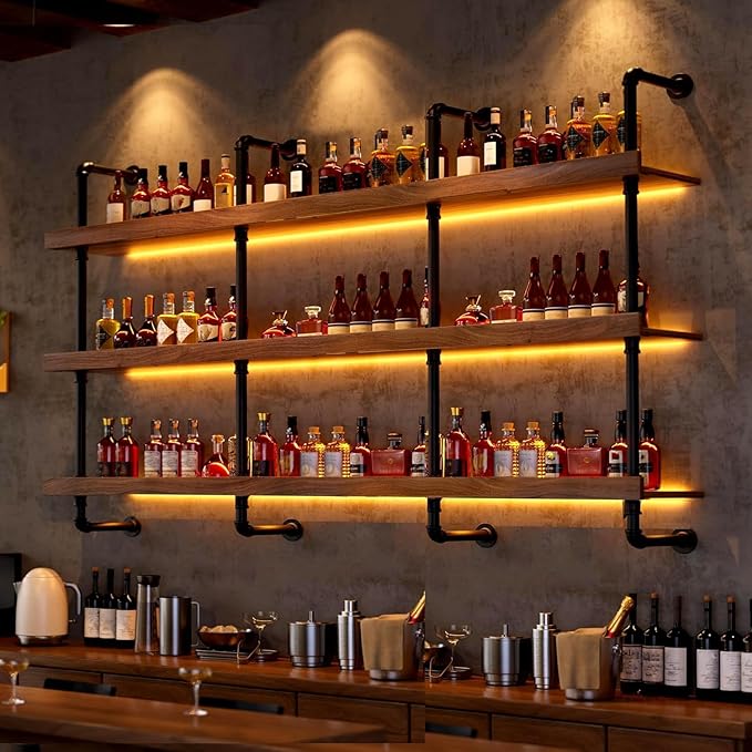 70.8in Wall Mounted Wine Rack with LED Light Solid Wood | 3-Tiers Liquor Bottles Floating Shelves Display Storage Organizer for Home Bar & Dining Room