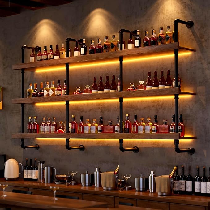 55.1in Wall Mounted Wine Rack with LED Light Solid Wood | 3-Tiers Liquor Bottles Floating Shelves Display Storage Organizer for Home Bar & Dining Room
