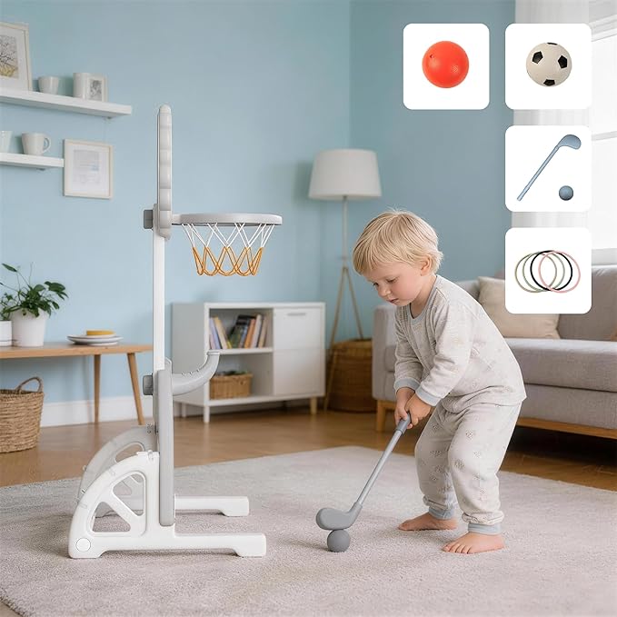 4-in-1 Toddler Basketball Hoop Adjustable Height Indoor Outdoor Sports Center for Kids Aged 1-3 Basketball, Soccer, Hockey & Ring Toss, Grey and White