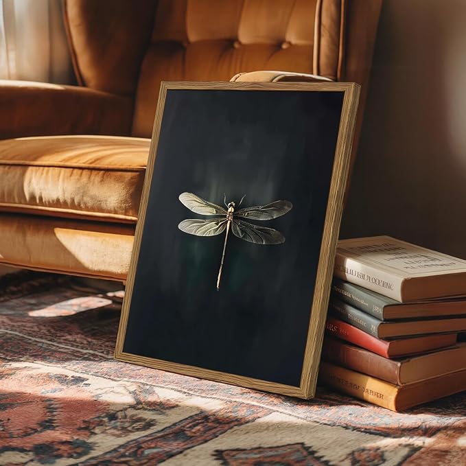 Dark Academia Dragonfly Wall Art Vintage Bug Wall Decor Pictures Whimsical Nature Insect Poster Canvas Print Moody Dragonfly Painting Artwork for Bedroom Living Room 12x16 inch Wood Framed