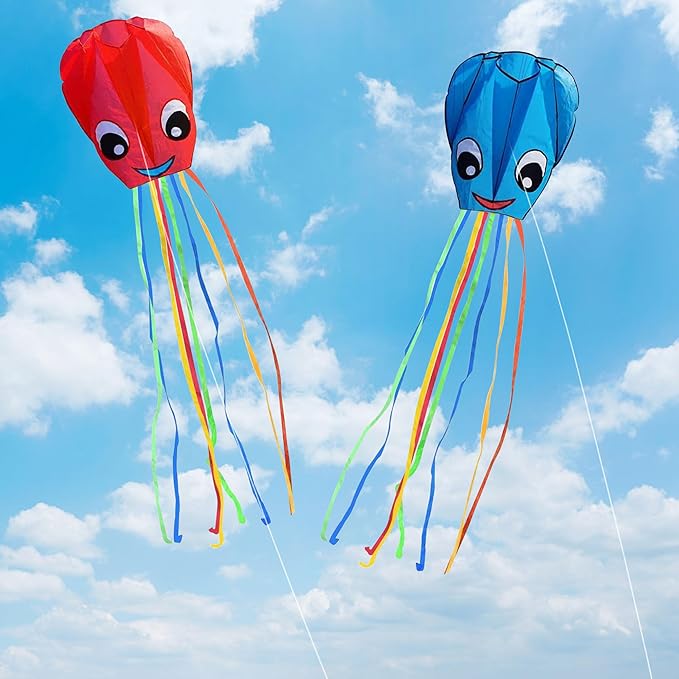 2-Pack New Upgraded Smiley Large Octopus Kites, Easy to Fly Long Colorful Tail Kites for Kids Adults Outdoor Activities Beach Park Trip, Great Gift for Children Childhood Precious Memories