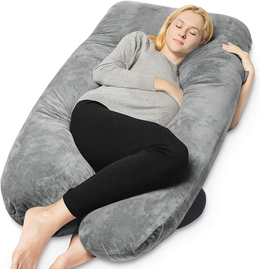 QUEEN ROSE Pregnancy Pillows, U Shaped Full Body Pillow for Sleeping Support, 55 Inch Maternity Pillow for Pregnant Women with Removable Velvet Cover, Grey
