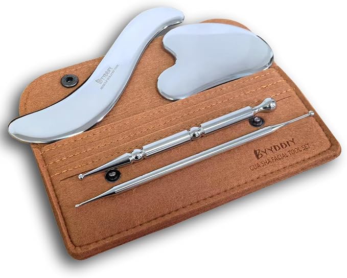 BYYDDIY 4 in 1 Stainless Steel Dual Head Facial Reflexology Tool & Facial Tool Set, Muscle Scraper Tool for Face,Tighten Skin Massage, Guasha Beauty Tool for Body Eyes (s-4in1)