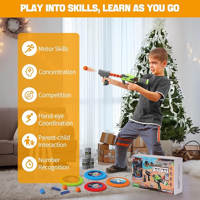 Shooting Games Toy for Age 5 6 7 8 9 10+ Boys Kids Sports & Outdoor Play Toys with Player Air Guns, Shooting Target, 24 Foam Balls, Foam Darts, Oil-Tank Targets, Flying Discs Gifts for Boys