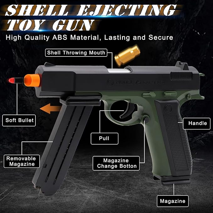 Toy Pistol Guns Toys for 8 9 10 11 12 13+ Year Old Boys Kids, Sports & Outdoor Toys Gun with Soft Bullet & Shell Ejecting, Green Fidget Toy Guns for Boys 8-12, Kids Gifts for Birthday