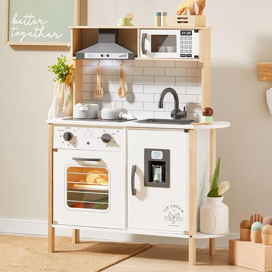 Tiny Land Play Kitchen for Kids, Wooden Kids Play Kitchen Playset Chef Pretend Play Set for Toddlers with Real Lights & Sounds, Toys Kitchen with 18 Pcs Toy Food & Cookware Accessories
