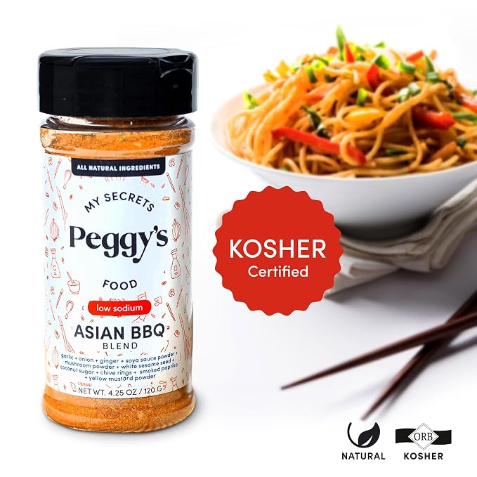 My Secrets Peggy’s Food Asian BBQ Seasoning Blend - Low Sodium Umami Spice Rub for Grilling, Roasting & Stir Fry, All Purpose Meat & Vegetable Seasoning, 4.25 Oz