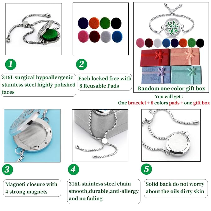 Essential Oil Diffuser Bracelets 25mm Diffuser Locket Chain Lucky Clouds Diffuser Bracelet Stainless Steel Bracelet Set Adjustable Jewelry Gift for Women Men