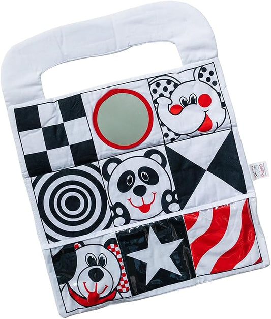 Car Toys for Babies - Infant Car Seat Toy with High Contrast Colors, Reversible Design, Baby Safe Mirror and Storage Pocket - Easy to Attach and Clean, Infant Carseat Toy