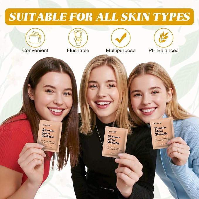 twoworld 400 Feminine Wipes Individually Wrapped,Flushable Wipes Travel | Feminine Care Vaginal Wipes for Adult,Women,Girl and Homeless(Chamomile)