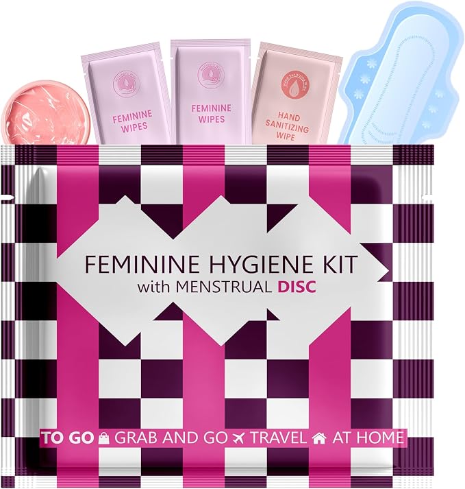 Menstrual Disc Kit with Pad – Single Pack | Convenient On-the-Go Period Essentials | Includes Pads, Feminine Wipes, and Hand Wipe for Complete Hygiene Care (Purple Checkers)