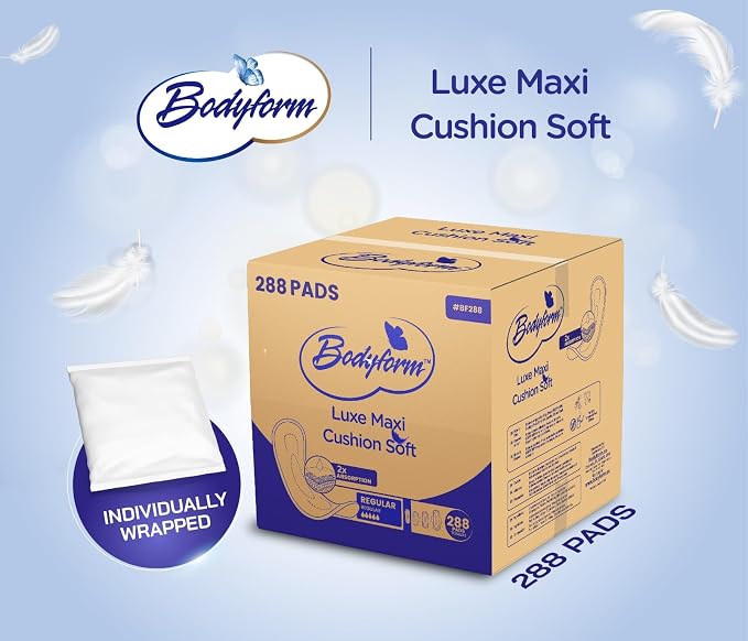 Bodyform Regular Maxi Feminine Pads (Individually Wrapped) Bulk Packaging - 288 Pads with Adhesive Strip (Ideal for Homeless Shelters, Hospitals, Refugee Camps & Institution Donations) #BF288