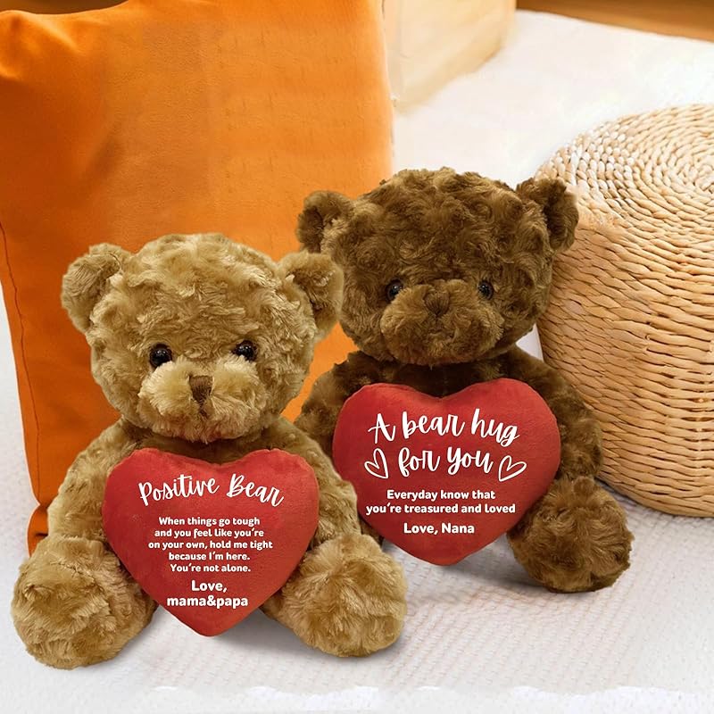 Personalized Teddy Bear Stuffed Animal with Heart, 9.8 Inch Custom Bear Plush with Name Text Logo, Christmas Birthday Gift for Girls Kids Adults Valentines Graduation Keepsake