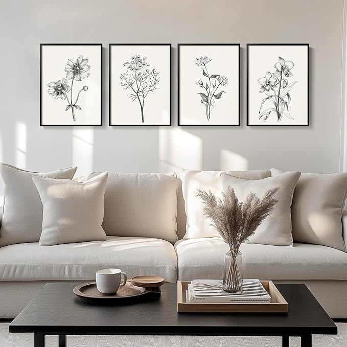 Framed Black and White Floral Wall Art for Living Room, 4 Piece Vintage Botanical Canvas Painting Prints Artwork for Walls, Rustic Minimalist Flower Pictures for Bedroom Hallway Kitchen Wall Decor