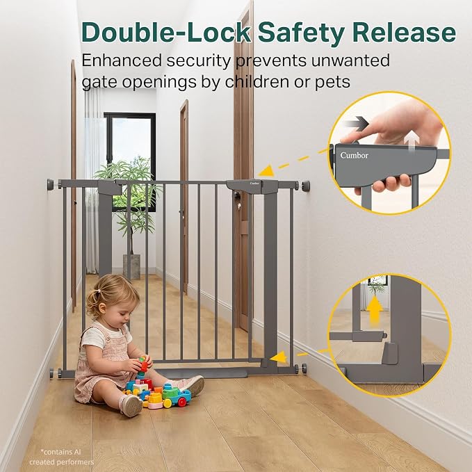 Cumbor 30-40.6" Baby Gate for Stairs and Doorways, Mom's Choice Award Winner, Pressure Mounted Indoor Dog Gate, Easy Walk Through Door, Child Safety Double-Lock, Pet Friendly, Cool Gray