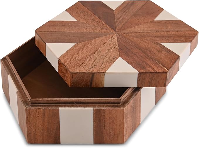 Perilla Home Hexagon Wooden Box, Brown and White, Wood and Resin, 9.54x8.07x3.15 Inch, Decorative