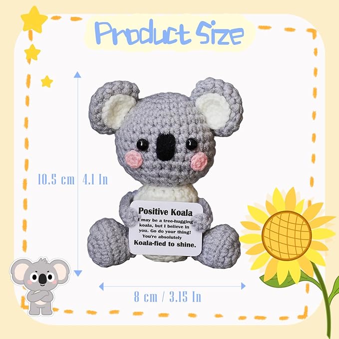 Koala Gifts, Crochet Positive Support Koala– Handmade Emotional Cheer Support Funny Gifts for Friend Coworker Birthday Christmas Stocking Stuffer White Elephant Under 10 Dollars