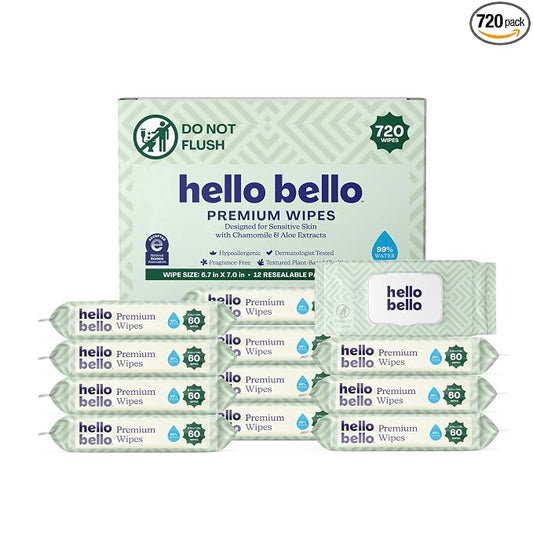 Hello Bello Premium Wipes, Designed for Sensitive Skin with Chamomile & Aloe Extracts, Simply Sage (12 Resealable Packets = 720 Total Wipes)